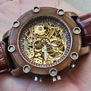 Emporio Men Wristwatch Analog Brown Leather Strap Self Winding Skelton Watch
